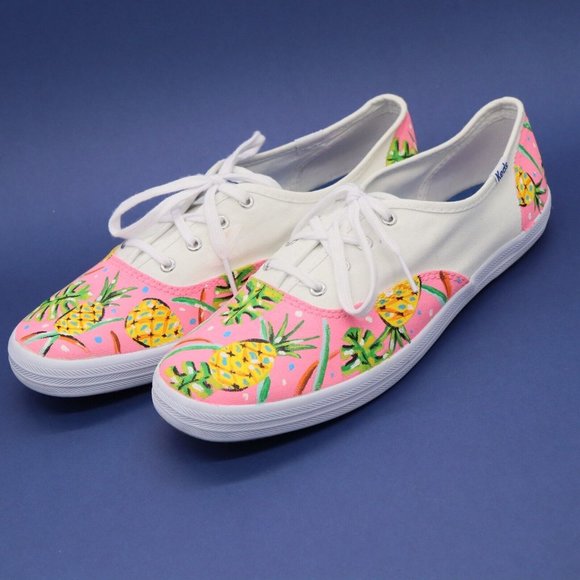 Custom Hand Painted Keds Shoes Pink w/ Tropical Pineapples Womens sz 8.5 - Picture 1 of 5